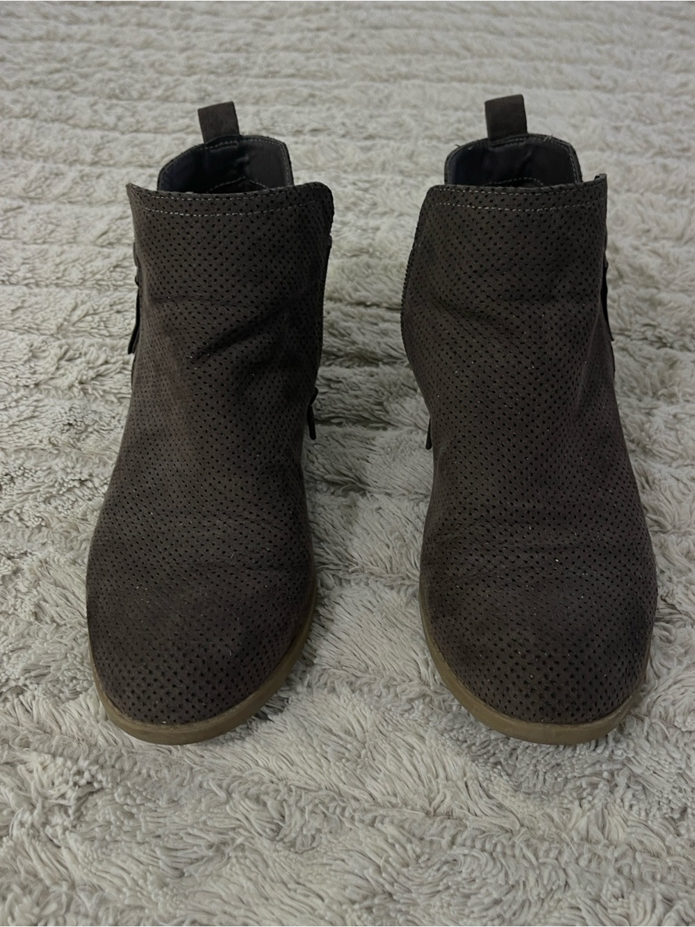 Universal Thread Perforated Suede Ankle Booties in Dark Gray